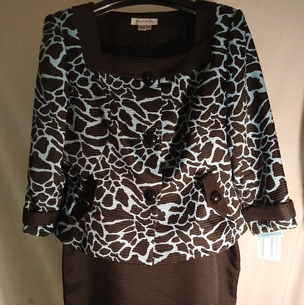 KAY UNGER TEXTURED AQUA & BLACK 2 PIECE SKIRT SUIT (**OVER 60% OFF**)